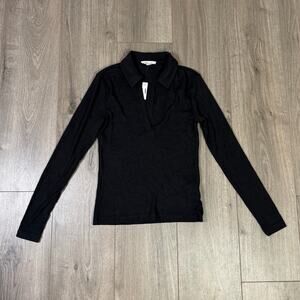 Madewell Drapey Rib Long-Sleeve Polo Top SZ XS Jet Black Pullover V-Neck Stretch